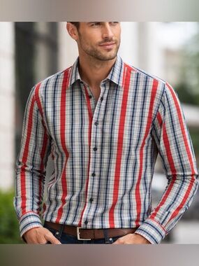 Robert Graham Men's Red
 Black Vertical Stripe Button-Down Shirt Sz XL